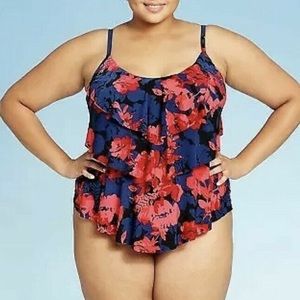 Aqua  Tankini Top Floral Tiered Ruffle Built In Bra Women’s XL